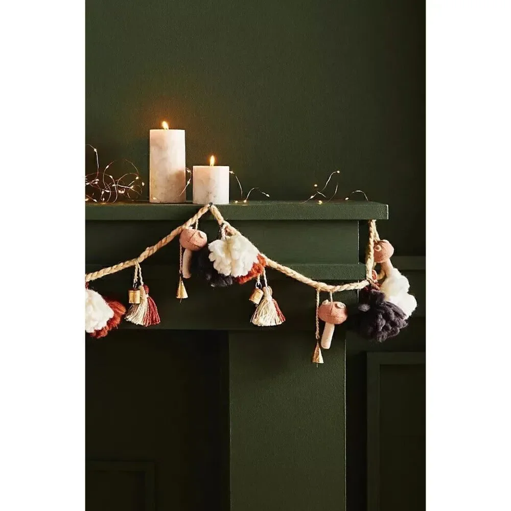 Anthropologie Brenn Garland Wool Bells Mushrooms  Rope Woodland Holiday NEW